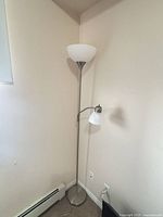 Brushed metal floor lamp in corner