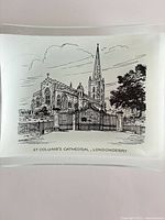 Rectangular glass souvenir tray featuring illustration of St. Columb's Cathedral, Londonderry