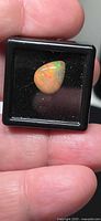 Front view of pear cabochon opal in display case showing overall colour and shape