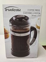 Retail box front displaying Trudeau Coffee Press 34 oz