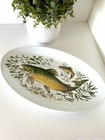 Front view of oval Limoges platter showing painted trout motif