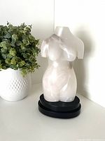 Front view of quartz female torso sculpture on black base next to plant for scale