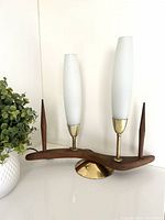 Full view of lamp unlit showing teak base, brass stems, frosted shades
