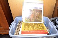 Top view of plastic bin filled with various vinyl record albums including Hawkshaw Hawkins and classical titles
