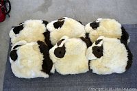 Overhead view of six sheep skin bunny-shaped pillows grouped together on a concrete floor, showing cream and brown covers.