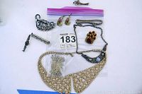 Full view of vintage rhinestone jewelry lot including collar necklace, brooches, shoe clips, bracelet, earrings and more on white background with MaxSold tag.