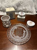 Full lot showing glass Friendship plate, two heart keepsake boxes, Nativity tealight holder, and original boxes
