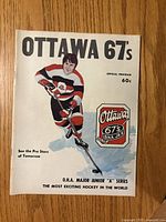 Front cover showing Ottawa 67’s player graphic, title and price