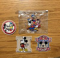 Front view of three embroidered patches and clear Disney zip pouch
