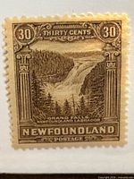 Close view of front of stamp showing Grand Falls design and denomination