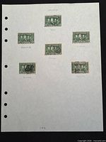 Sheet displaying all six 2¢ green 1927 Confederation stamps, each labelled by cancel type