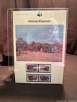 Front of WWF presentation card showing four Ugandan elephant stamps and photo