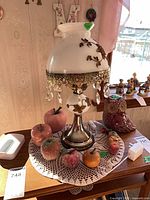 Full view of lamp with faux fruit and owl