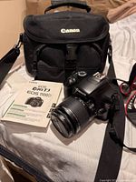 Camera bag, camera with lens attached, manual in foreground