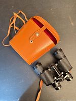 Binoculars beside leather case, strap visible