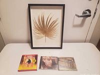 Overview showing framed artwork and three CDs on table