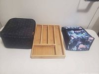 Black dotted lunch bag, bamboo organizer, blue-pink lunch bag