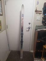 Full view of one ski showing overall length, bindings, graphics