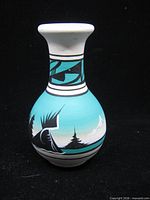 Front view of turquoise, white and black signed Indigenous American ceramic vase
