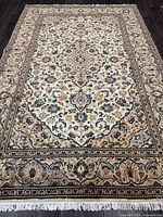 Full view of rug showing overall design, fringe ends visible