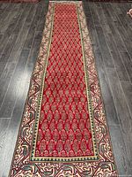 Full view of red Persian runner rug on dark floor