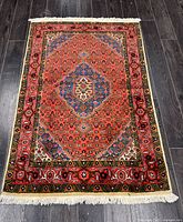Full view of handmade Persian wool rug showing pattern, colors, fringe, and size reference