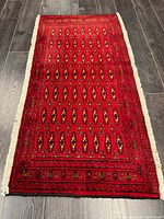 Full view of red Persian rug showing pattern and fringe