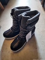 Pair of boots standing upright with tags visible