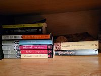 Shelf showing nine paperback books in two stacks