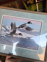 Full view of framed print showing ducks, mat and frame