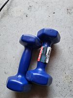 Pair of blue vinyl hex dumbbells showing labels and condition