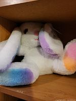Overall view of white plush bunny with multicolor accents showing tag attached