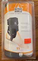 Front view of packaged ankle brace showing brand, model