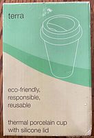Retail box front showing Terra thermal porcelain cup branding