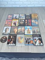 Full layout of all movie cases and loose discs on tabletop