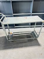 Full view of stainless steel two-tier rolling cart with handle and casters
