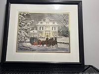 First framed winter print showing mansion and four-horse sleigh