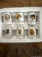 Front view of six porcelain thimbles in foam tray showing dog images and gold rims