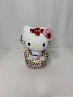 Front view of Hello Kitty plush in polka-dot kimono