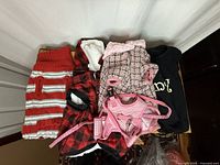 Top view showing all dog garments and pink harness