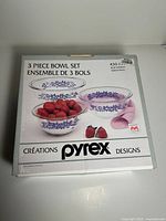 Front of sealed Pyrex box showing Blue Ribbon 3-piece bowl set image and model number 430-154