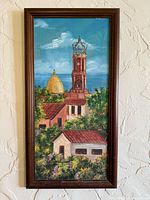 Full view of framed oil painting, vertical orientation