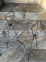 Full view of black wrought iron three-tier plant stand showing mesh top shelf and wire lower shelves