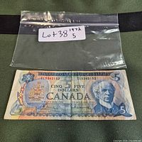 Full view of 1972 $5 Bank of Canada note with bag labelled lot 38