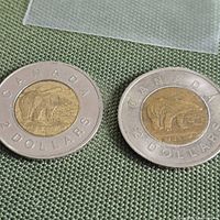 Two 2002 Canadian $2 coins on fabric background