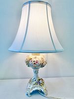 Lamp with shade illuminated, full view