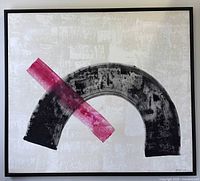 Full view of framed abstract painting showing design and colors