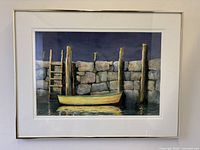 Straight-on view of framed, matted painting showing artwork and frame condition