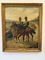 Full view of framed painting showing mounted officers and frame