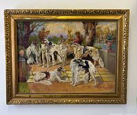 Framed oil painting showing full composition of Borzoi dogs